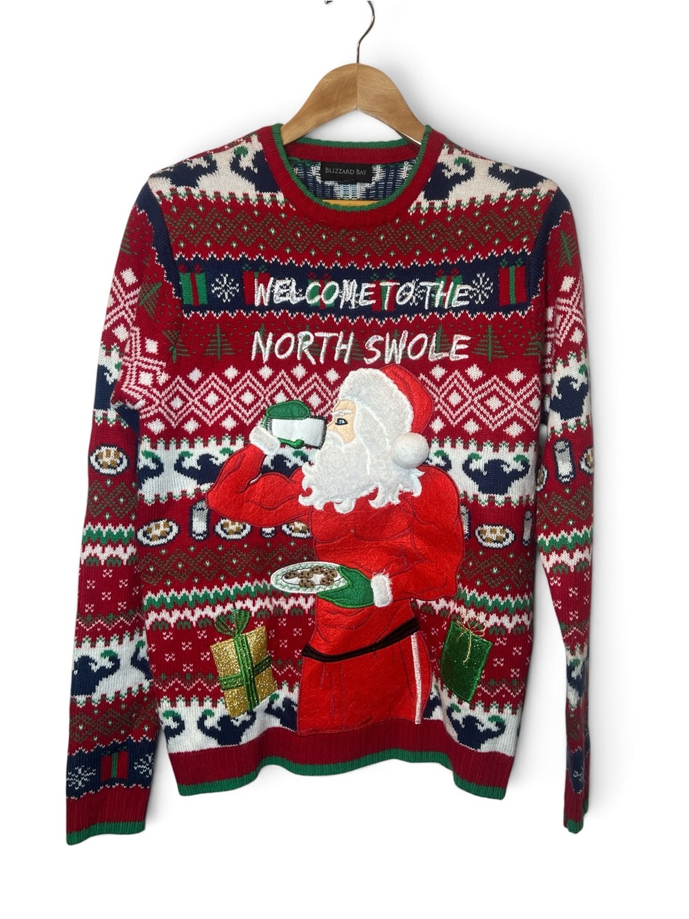 Blizzard Bay North Swole Santa Ugly Christmas Sweater Men's M Drink Pocket Gym